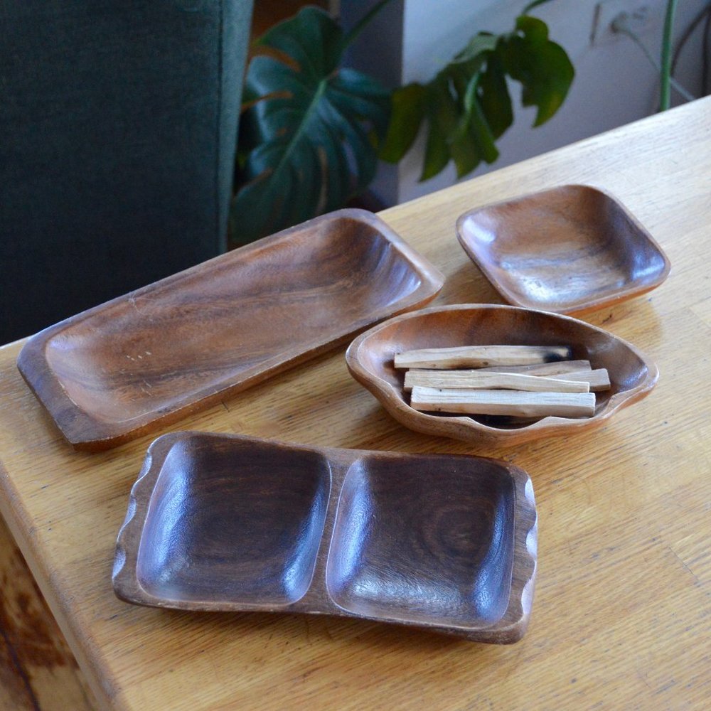 Set of 4 Vintage Retro Mid-Century Wood Incense / Jewelry / Misc Holders Trays